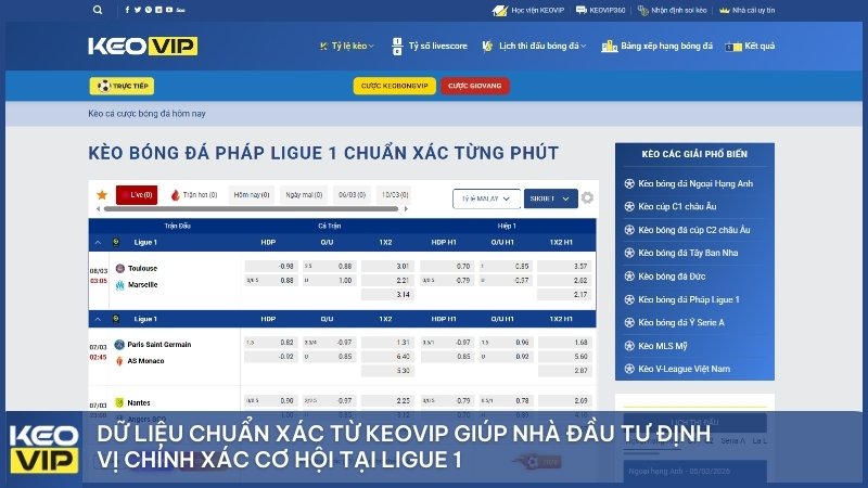 Dữ liệu chuẩn xác từ Keovip giúp nhà đầu tư định vị chính xác cơ hội tại Ligue 1